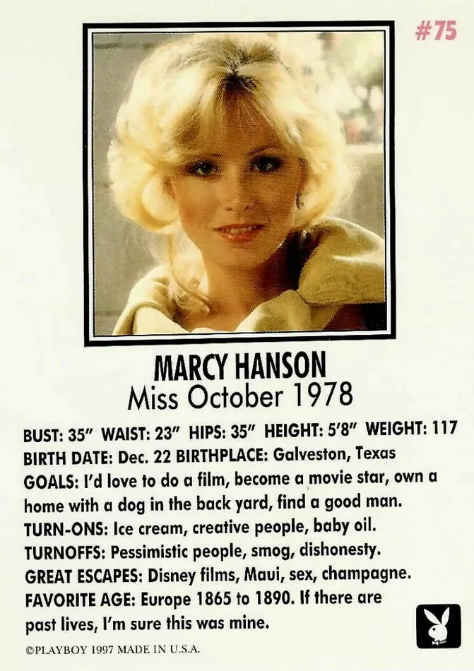 Female Sex Toys Greenthunderbirds Cards Playboy October Edition 75 Marcy Hanson